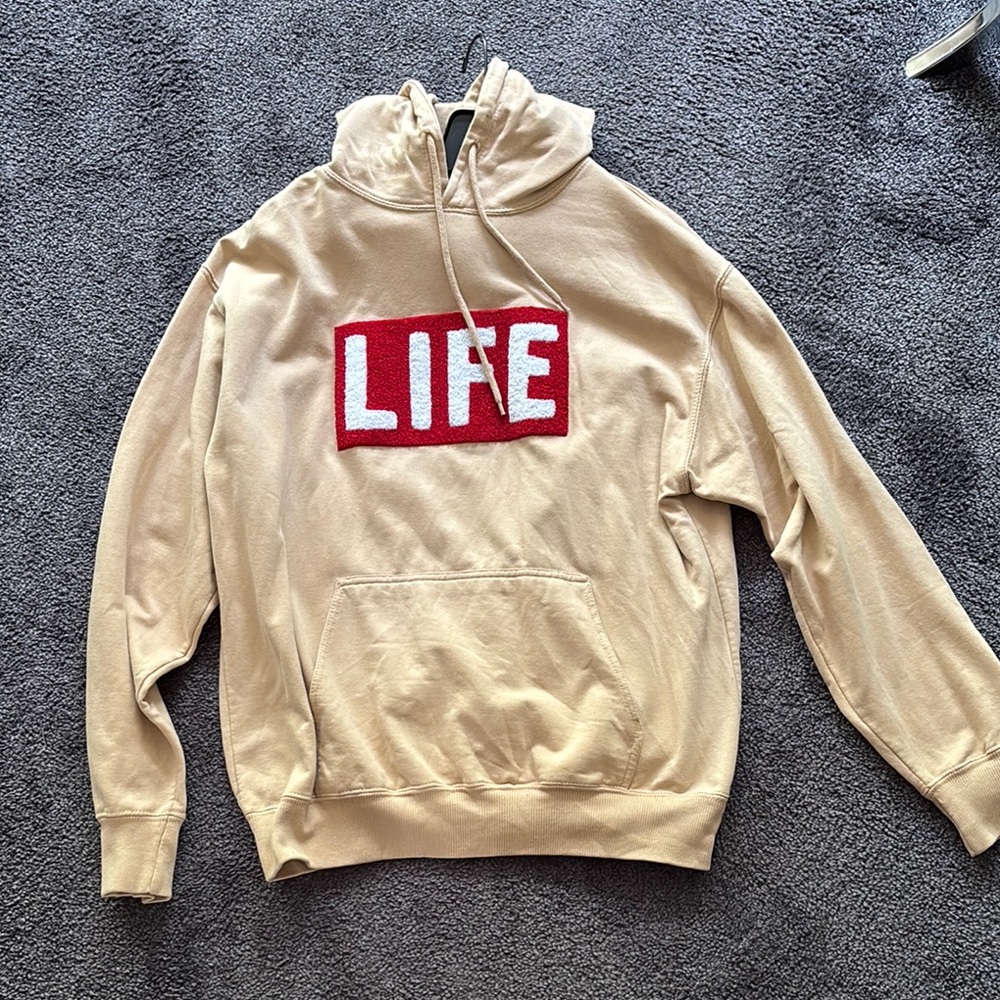 Men's Tan Hoodie with Red Logo